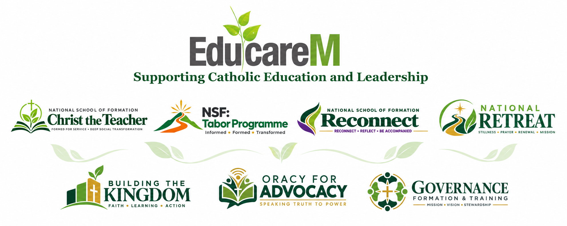EducareM logo alongside the logos for Christ the Teacher, Tabor, Reconnect, National Retreat, Building the Kingdom, Oracy for Advocacy and Governance Formation and Training